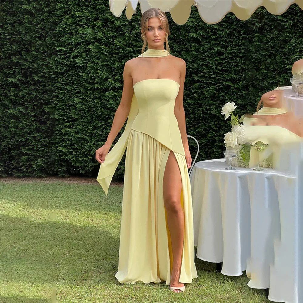 

Fashion Colorfu Strapless Evening Dresses Side Slit With Long Scalf 2026 Custom Made Formal Party Grown