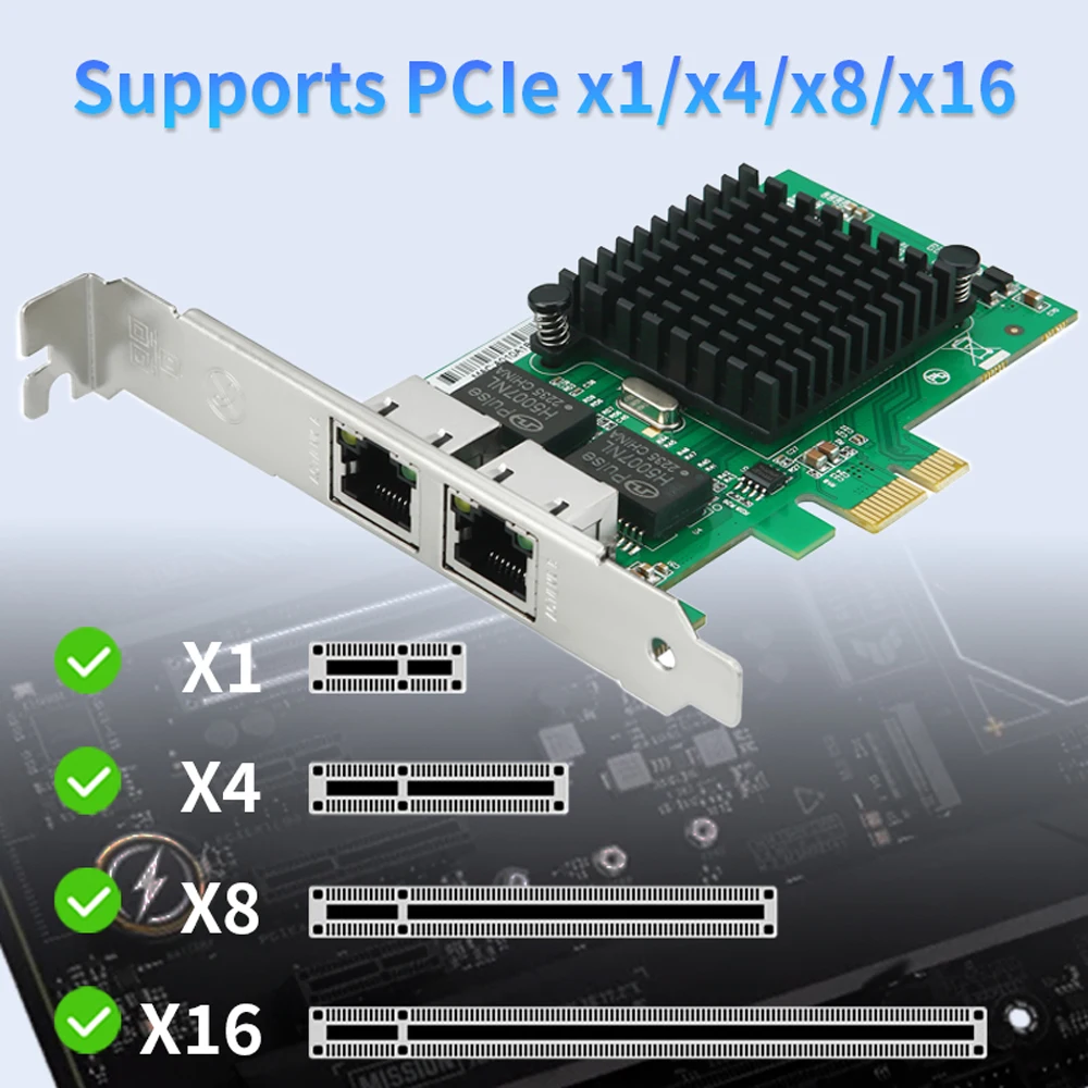 การ์ดเชื่อมต่อเครือข่าย INTEL 82576-T2 Gigabit PCIe x1 แบบสองพอร์ต สำหรับเดสก์ท็อป ความเร็ว 1000Mbps 2 พอร์ต RJ45 สำหรับเซิร์ฟเวอร์ รองรับ Windows และ Linux