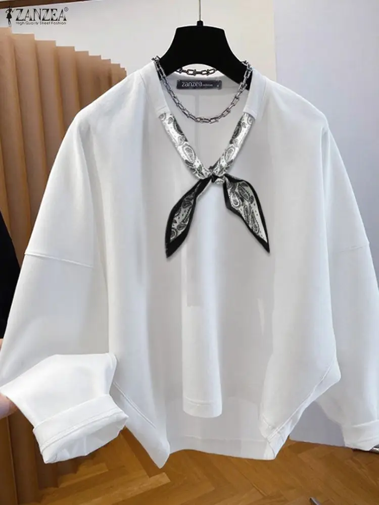 ZANZEA المرأة بلون عالية منخفضة البلوز مع وشاح الخامس الرقبة طويلة الأكمام بلوفر مغزول القمم ملابس امرأة عادية فضفاضة