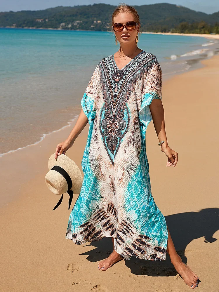 

New Print Bohemian Dress Plus Size Robe De Plage Swimsuit Tunic For Beach Cover-ups Beachwear Kaftan Long Summer Dress