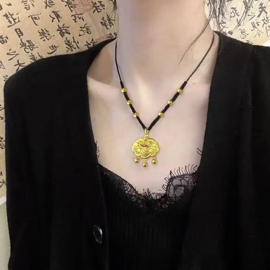 Gold-Plated Traditional Chinese Longevity Lock Necklace for Women with Peace and Blessing Character Design, Oriental Style
