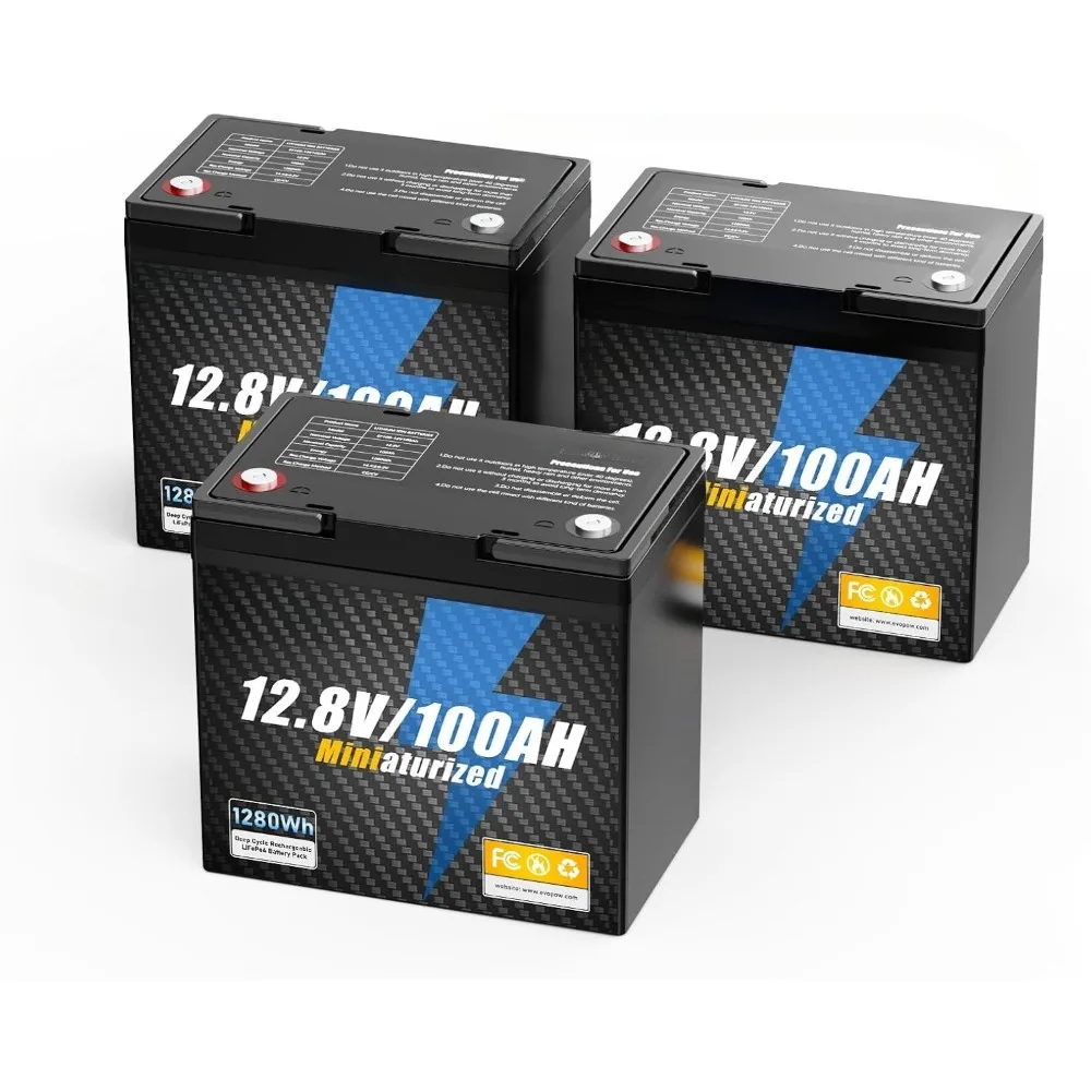 

3 Pack 100Ah Mini LiFePO4 Lithium Battery, Built-in 100A BMS, Up to 15000 Cycles with 10-Year Lifespan, 1280Wh LiFePO4 Battery