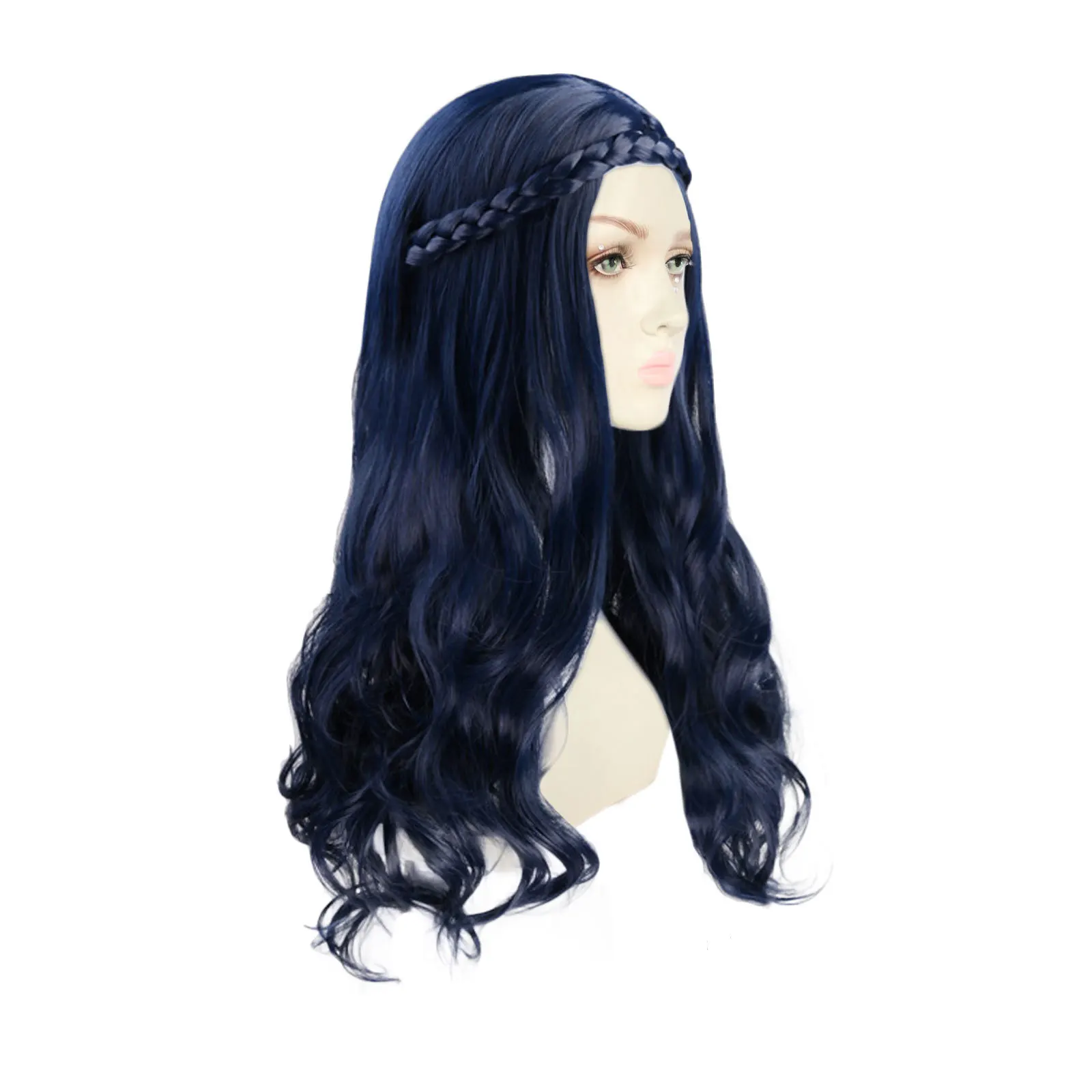 Dark Blue Descendants 2 Evie Long Wavy Curly Wig With Braid Cosplay Costume Heat Resistant Hair Women Cosplay Wig