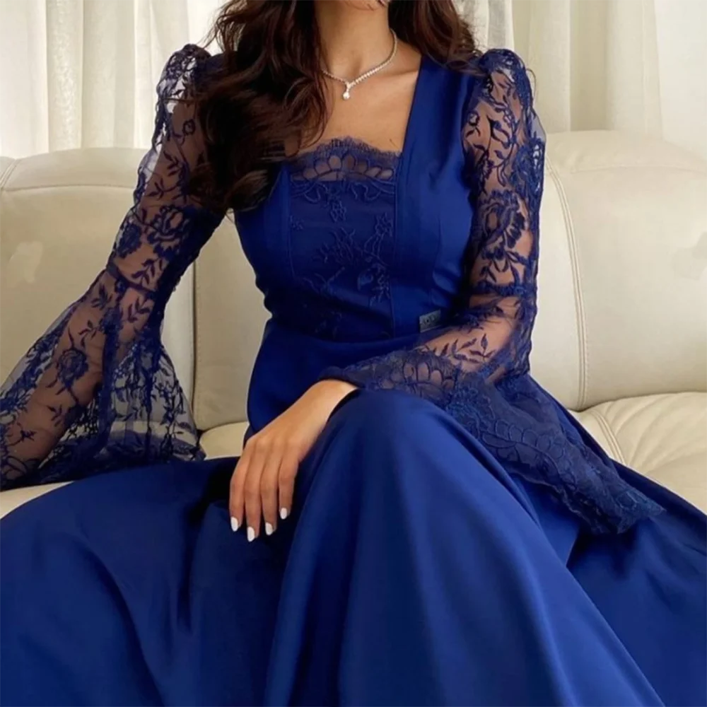 Vestidos de fiesta azules personalizados, corte en A, hasta el tobillo, cuello cuadrado, encaje, manga larga, vestido de noche, vestidos de fiesta drapeados de moda simples