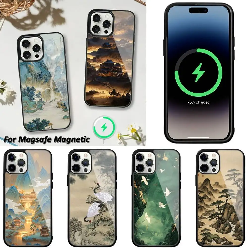 

Chinese Style Landscape painting art Phone Case For iPhone 16,15,14,13,12,11Plus,Pro,Max,Mini Magsafe Magnetic Wireless Charging