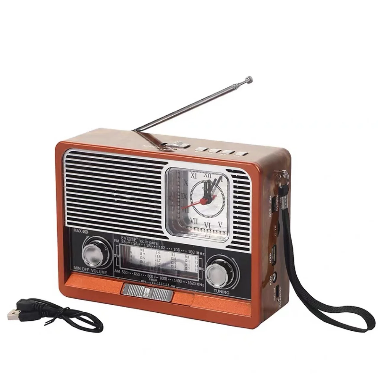 Retro Vintage Wood Grain Radio, Full Band Bluetooth Sound Card, USB Flash Drive, Solar Charging, Emergency Lighting