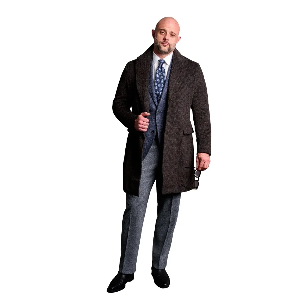 Wool Blend Coat Men Over Jacket with Belt Herringbone Pattern Double Breasted Overcoat Plus Size Warm Formal Business Tailored