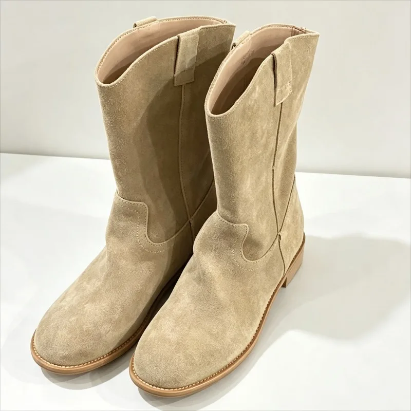 Concise Faux Suede Chunky Heel Western Cowboy Boots Women Fashion Round Toe Slip on Boots Modern Short Boots Zapatos De Mujer