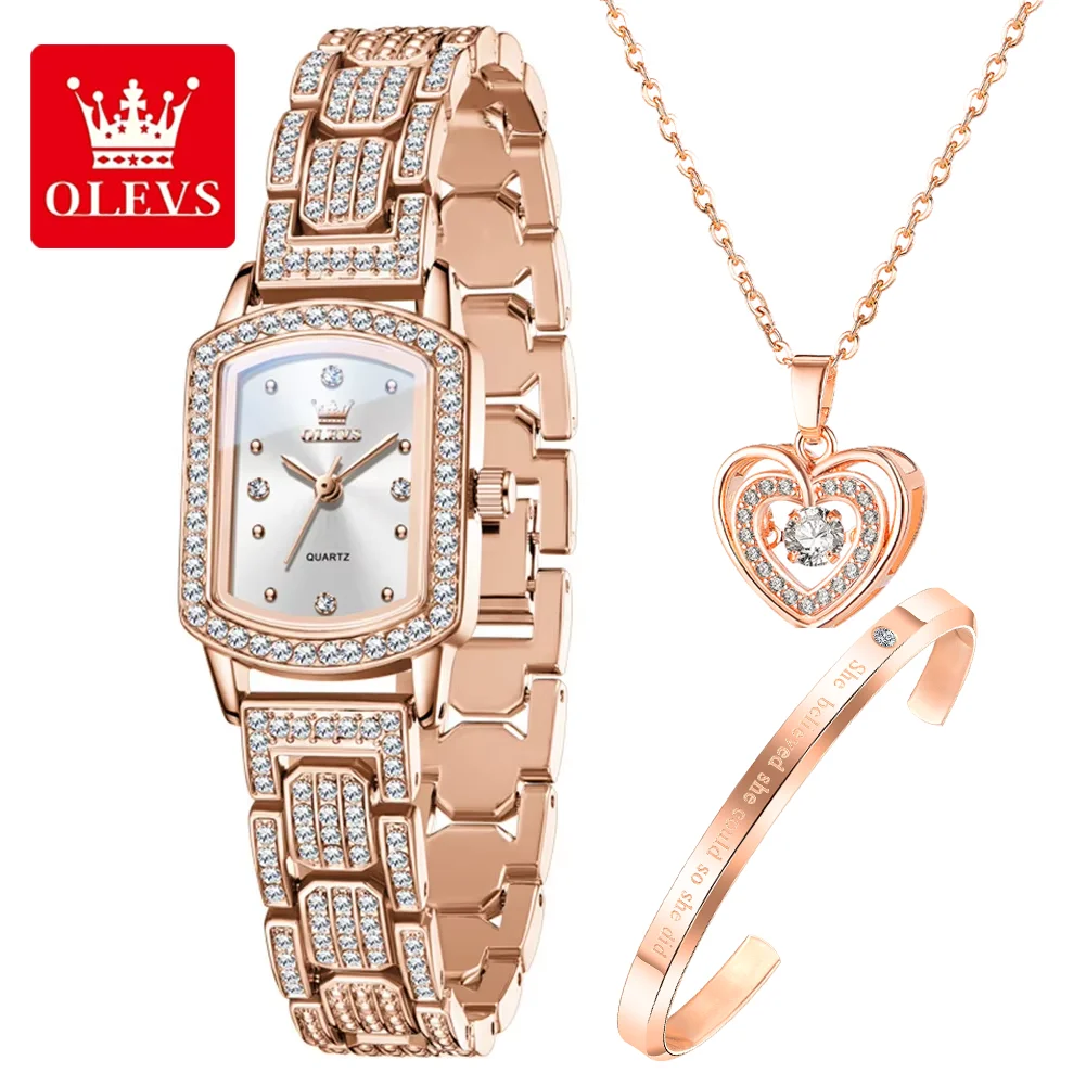 OLEVS Damen-Quarzuhren Armband-Halsketten-Geschenksets Voll-Diamantbesetzte Quadratische Mode-Stahlarmband Wasserdichte Damenuhren 7142