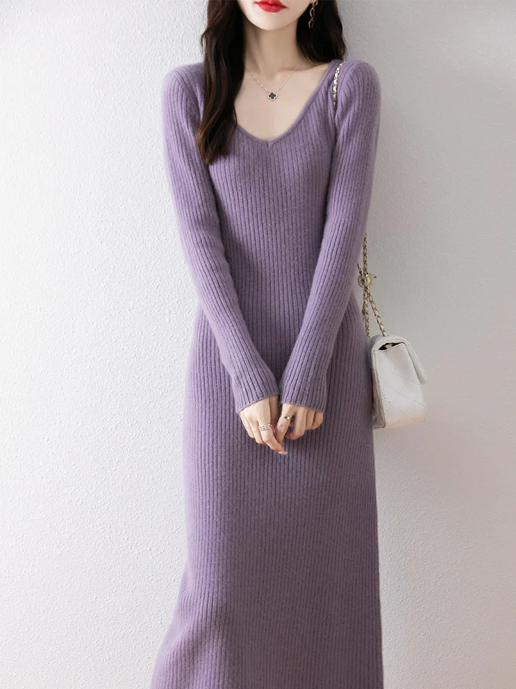 Jurken Herfst Winter Dames Sweetheart Hals Trui 100% Merinowol Truien Grace Casual Lange Trui Effen Kleur Lui 2025