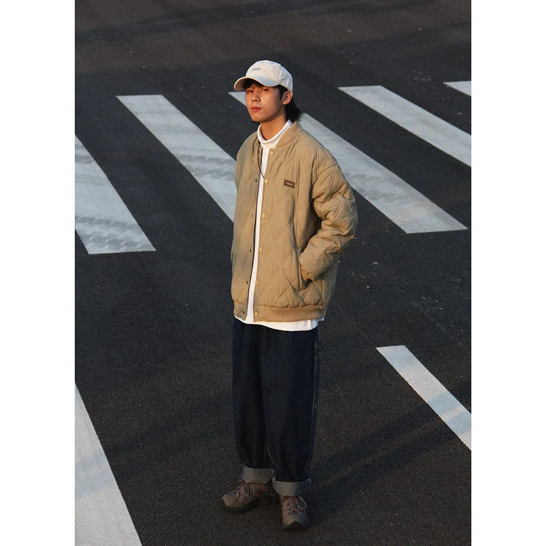 

American Sle Thiened Diamond Pattern Loose Men's Cotton Jaet Retro Baseball Coat Couple's Long Winter Outerwear