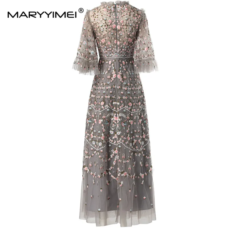 MARYYIMEI Beading Mesh Embroidery Sequins Women\'s Flare Sleeved High Waiste Vintage Temperament Summer S-4XL Dresses