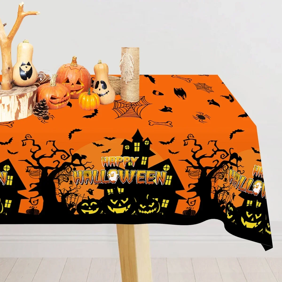 Happy Halloween Tablecloth Orange Black Horror Ghost Table Cover for Trick or Treat Theme Home Decoration