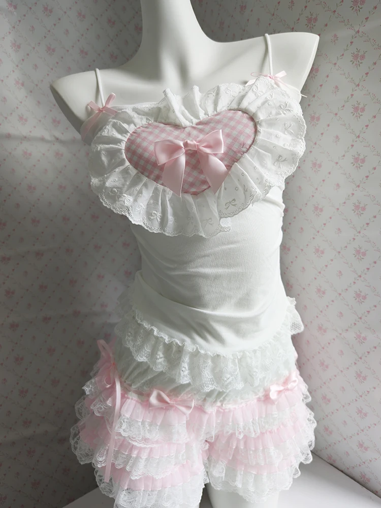 

White Crop Top Women Summer 2025 Bows Decoration Lace Trim Pink Plaid Patch Lolita Style Camis Kawaii Clothes