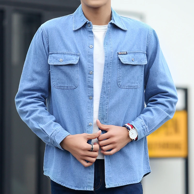 #4401 Denim Shirt For Men Long Sleeve 2022 Spring Autumn Blue Sunscreen Work Clothes Plus Size S-4XL Denim Jeans Shirt Man