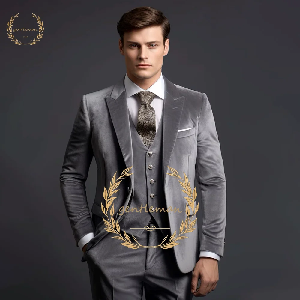 Men's velvet suit 3 piece set, custom made party wedding banquet event suit slim and stylish (jacket vest pants)