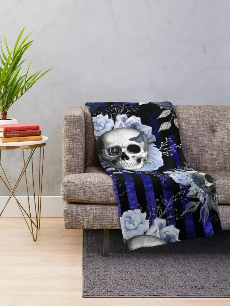 Watercolor Roses and Vintage Skull Mixed Media Pattern. Gothic blue dark beauty. Throw Blanket