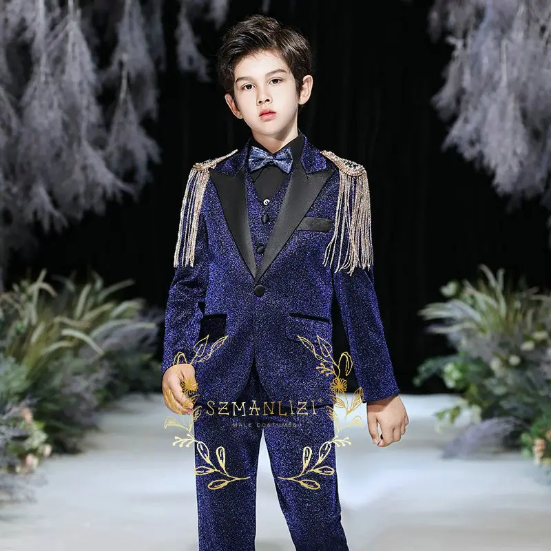 Navy Blue Shiny Set Peaked Lapel Boys Suits For Wedding Dinner Formal Suits For Children Kids Tuxedos Conjuntos De Chaqueta