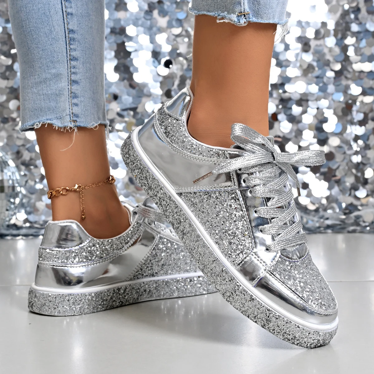 

Women's Sneakers Running Shoes Flats Bling Sliver Gold Barefoot Woman Designer Casual Trend New in Vulcanize Fashion Comfortable