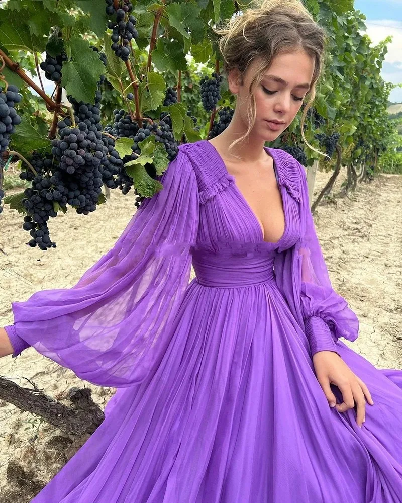 IRIDESCENT Chiffon V-Neck Evening Party Gowns Vestidos De Festa Fashion Pleats Floor-Length Long Sleeves Prom Dress Backless HOT