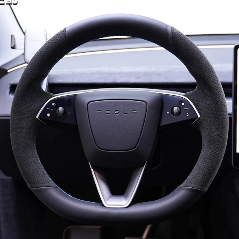 

100% Fit For Tesla modelo 3 Highland 2024 2025 Hand-stitched non-slip Genuine Leather suede car steering wheel cover