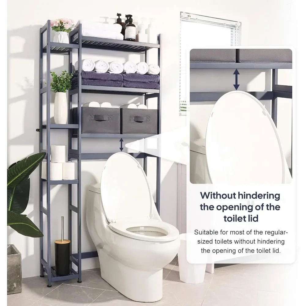 Over The Toilet Storage with Basket and Drawer, Bamboo Bathroom Organizer with Adjustable Shelf & Waterproof Feet Pad