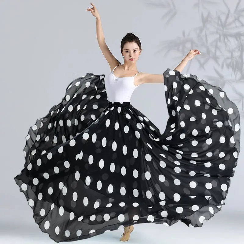 Jupe taille haute de danse classique 360-720 degrés, vêtements de danse Flamenco, jupe imprimée à pois, tenue de spectacle sur scène de danse