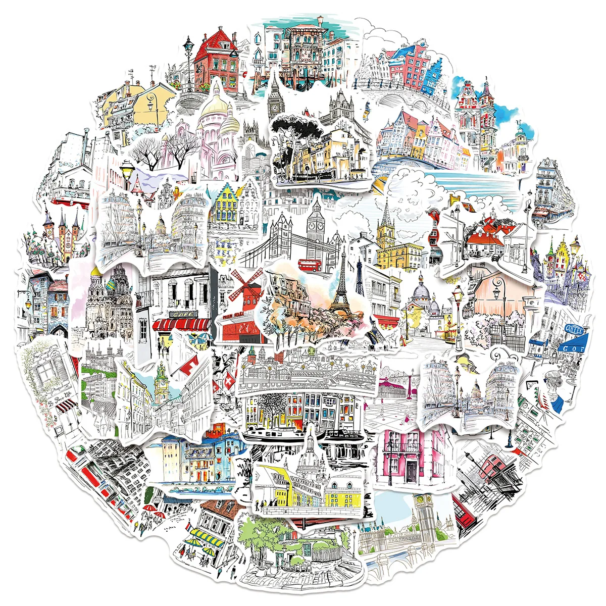 50PCS Landmark Building Stickers Decals for Phone Laptop Notebook Suitcase Guitar DIY Cartoon Aesthetic Stickers