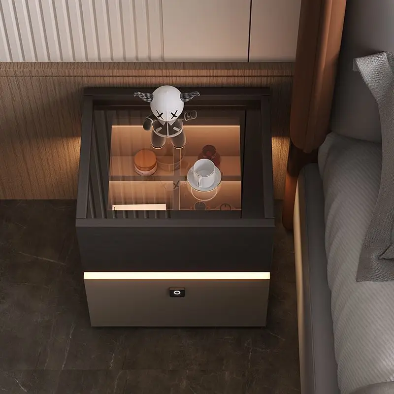 @Minimalist bedside table light luxury high sense modern simple bedroom solid wood creative storage cabinet