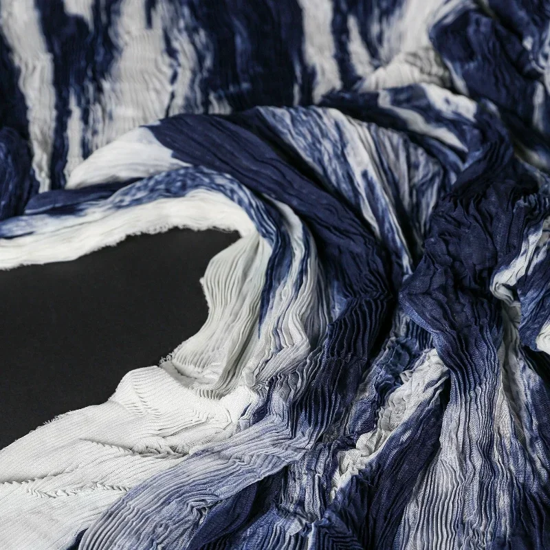 Volcanic Indigo White Gradient Pressure Folding Fabric/retro Tie Dye Pleated Creative Clothing Designer Fabric