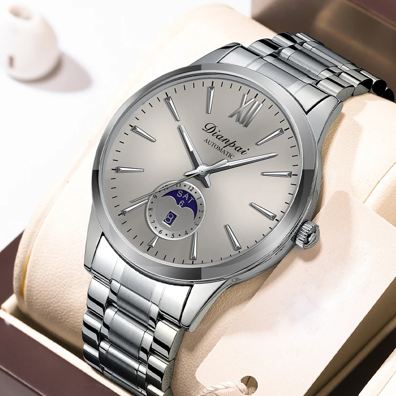 DIANPAI New Fully Automatic Mechanical Men\'s Watch Moon Phase Stainless Steel Trendy Famous Watch Waterproof Night Glow Business