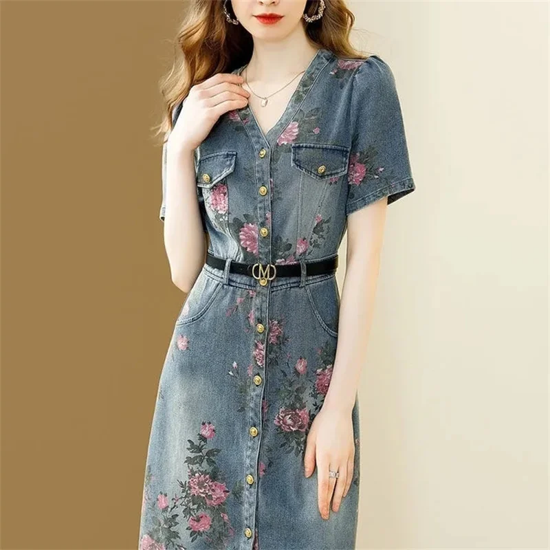 Female Korean Version Fashion Denim Print V-Neck Mid length Dress 2023 Summer New Women's Style Waist Wrapped Slim A-line Dress