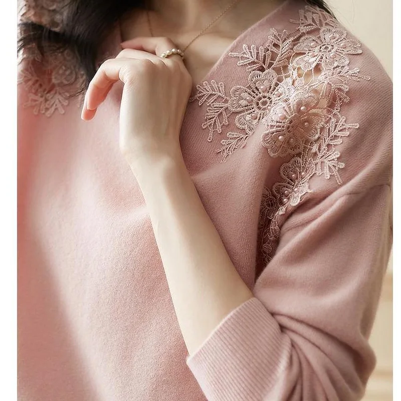 2023 Spring Autumn New Solid Color V-neck Long Sleeve Sweater Pullovers Women Vintage Lace Patchwork Hollow Out All-match Tops