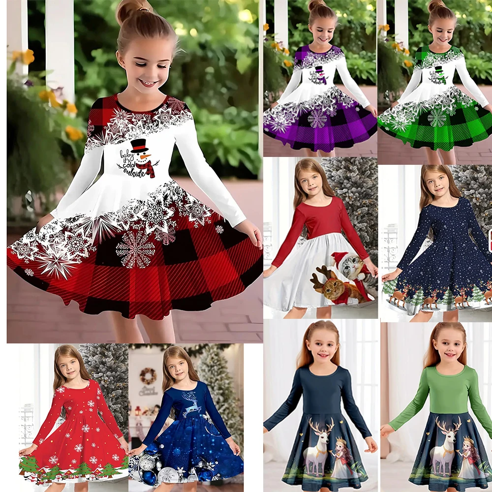 2025 New Year Party Dress for Kids Girl Full Printing Xmas Elk Snow Man Cartoon Vestidos Long Sleeve Casual Baby Girl Cute Dress