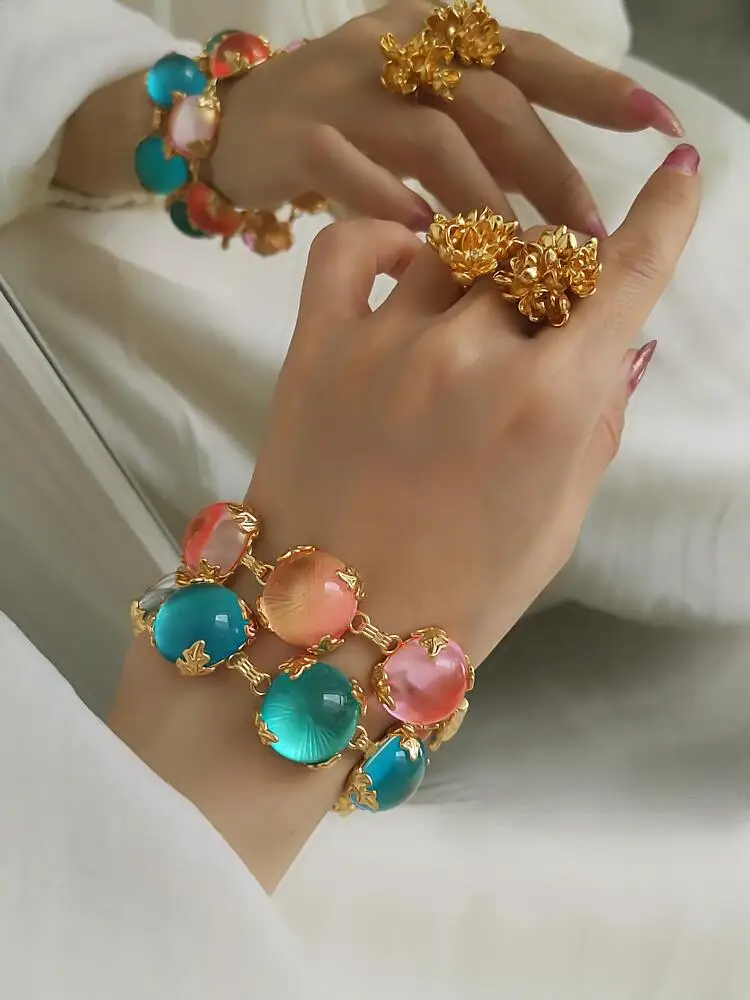 Brass Colorful Chunky Glass Crystal Beads Bracelet Women Men Lover Jewelry Designer T Show Runway Gown INS Japan Korean