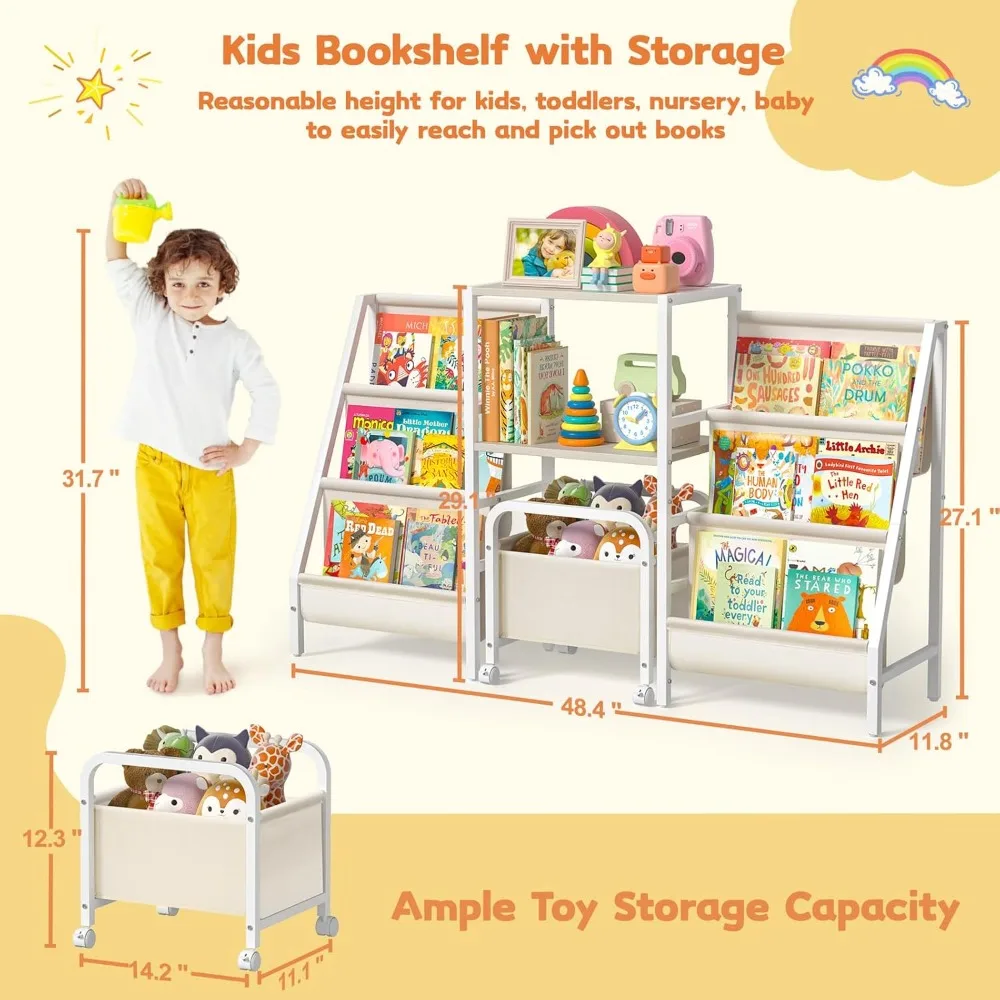 Bookshelf and Toy Storage,2 Sided Montessori Bookshelf, Large Toddler Book Shelf with Movable Toy Bin,6 Tiers Baby Bookshelf