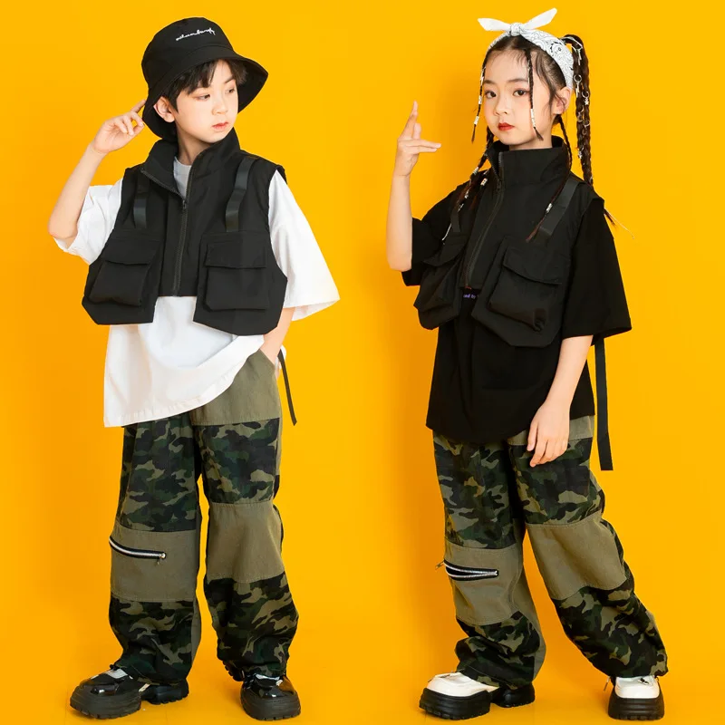 Ropa de baile callejero para niños, chaleco de camuflaje, Pantalones, camiseta de manga corta, traje de escenario para concierto, 6, 8, 10, 12, 14 y 16 años