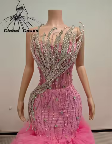 Arabic Pink Mermaid Celebrity Dresses Luxurious Tiered Skirt Wedding Party Dress Beaded Evening Dress Robes Du Soir Customized
