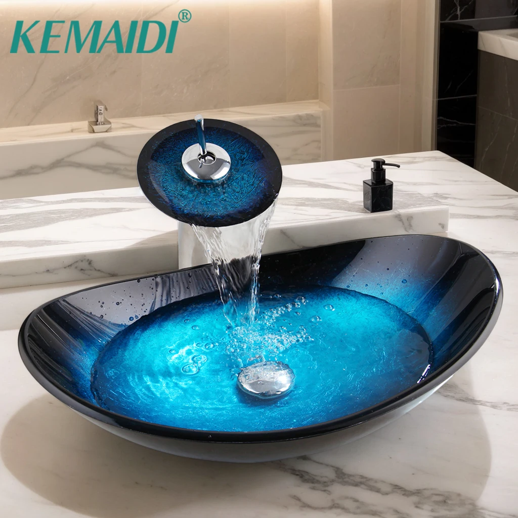 

KEMAIDI Oval Blue Bathroom Vessel Sinks With Faucet Vessel Sink Bathroom Glass Sinks Boat Shape Above Counter Glass Sink Bowl