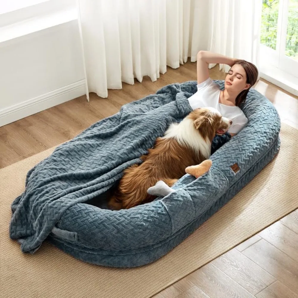 

Human Dog Bed for Adult - Luxury Faux Fur Giant Human Size Dog Bed with Portable Handle, Egg Orthopedic Foam Dog Human Bed with