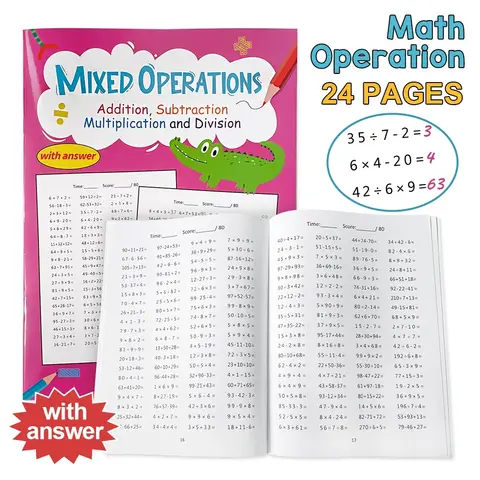 Mixed Operations Math Workbook with Answer for Grade 1-3 Learning Subtraction Addition Multiplication Division Practice Copybook