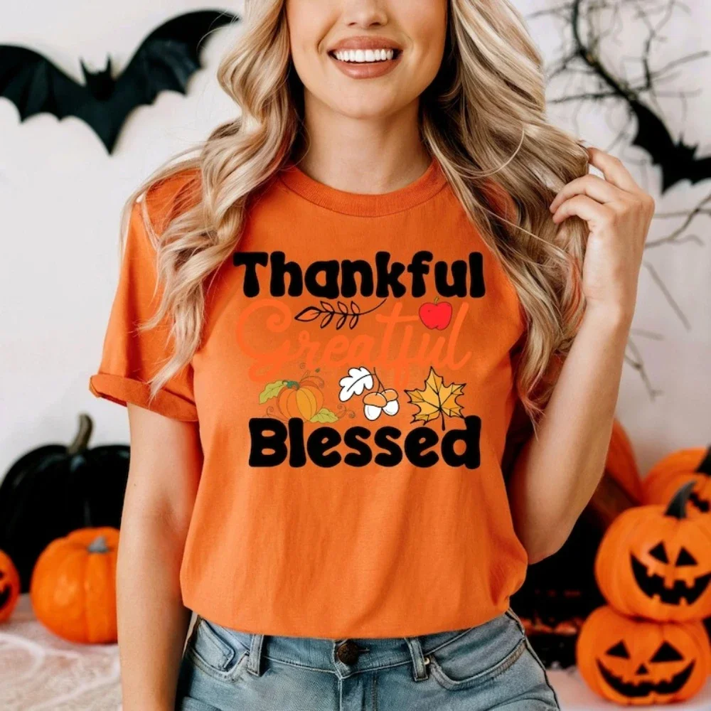 Thankful Grateful Blessed Woman Shirt Fall Thanksgiving Graphic T Shirts Retro Autumn Country Style Cotton Unisex Short-sleev