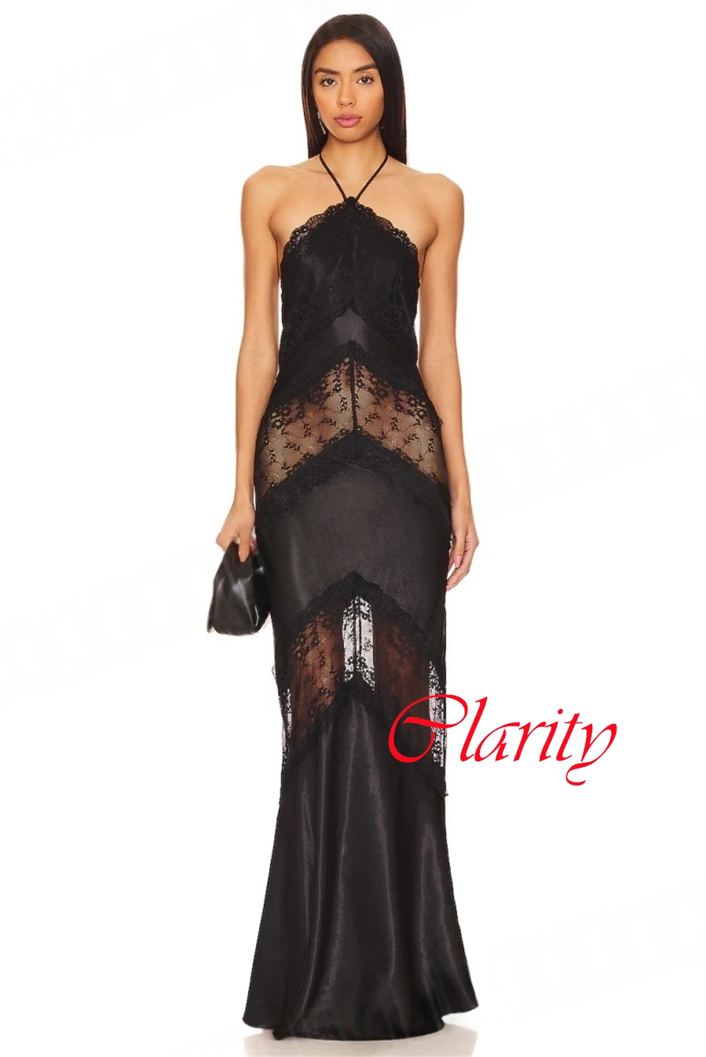 

Customized Black Sexy See Through Halter Evening Dress Sweep Train Lace Satin Mermaid Prom Dress Vestido De Noche