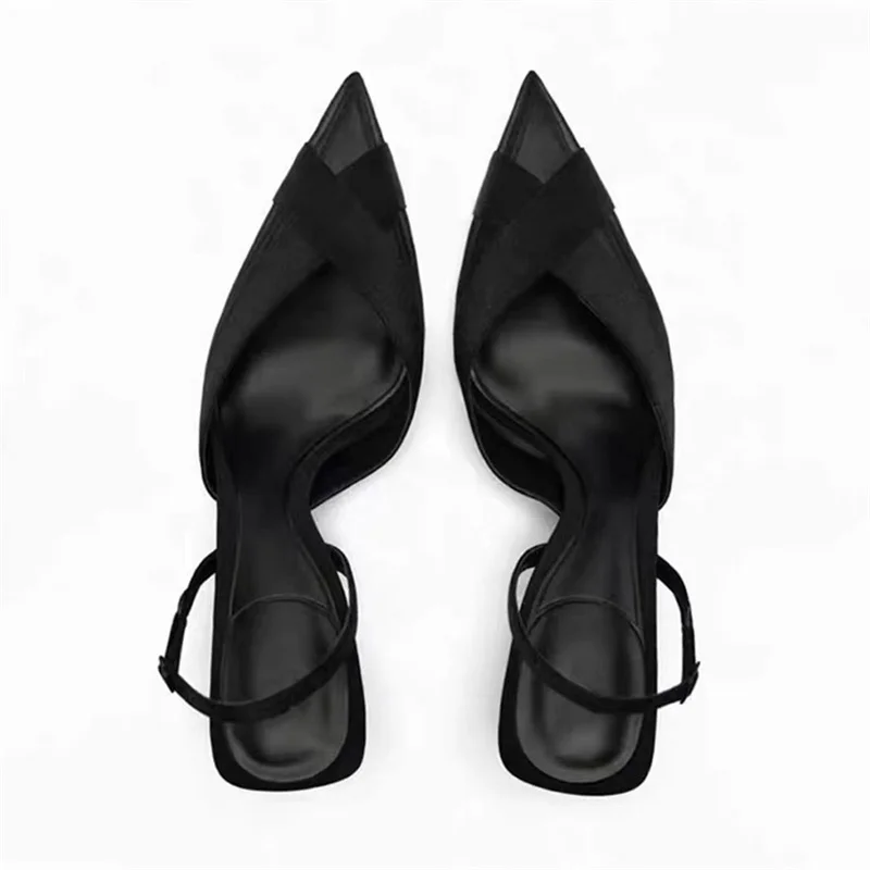 TRAF Point Head Slingbacks For Woman Retro  Mesh Spike Kitten Heel Pumps Balck Sandals Versatile French Style Women Shoes Trend