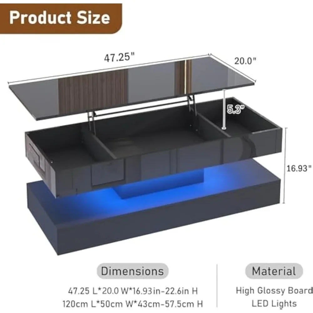 Grande table basse relevable de 47.2 pouces, tables basses modernes à LED très brillantes pour salon avec rangement, tables de salon