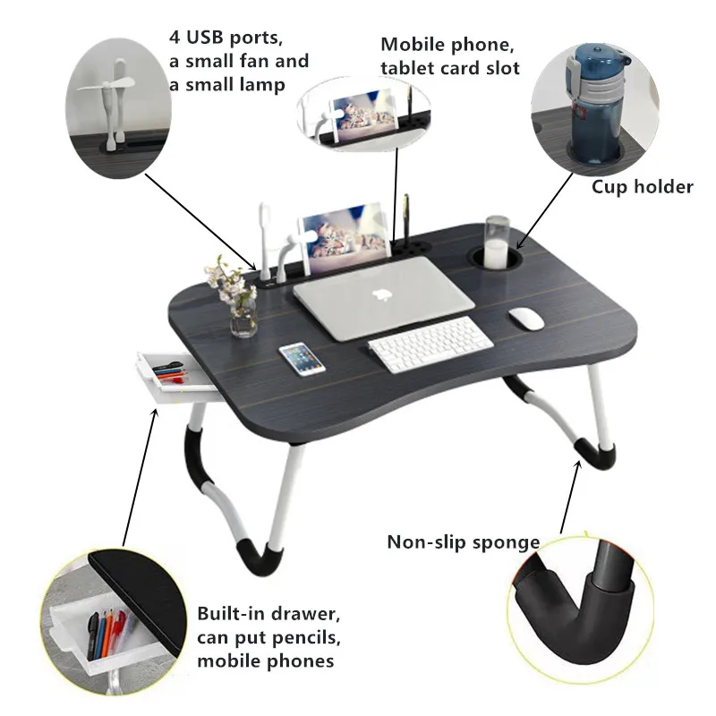 Escritorio plegable para ordenador portátil para el hogar, bandeja para cama de desayuno, altura y inclinación, mesas de escritorio plegables