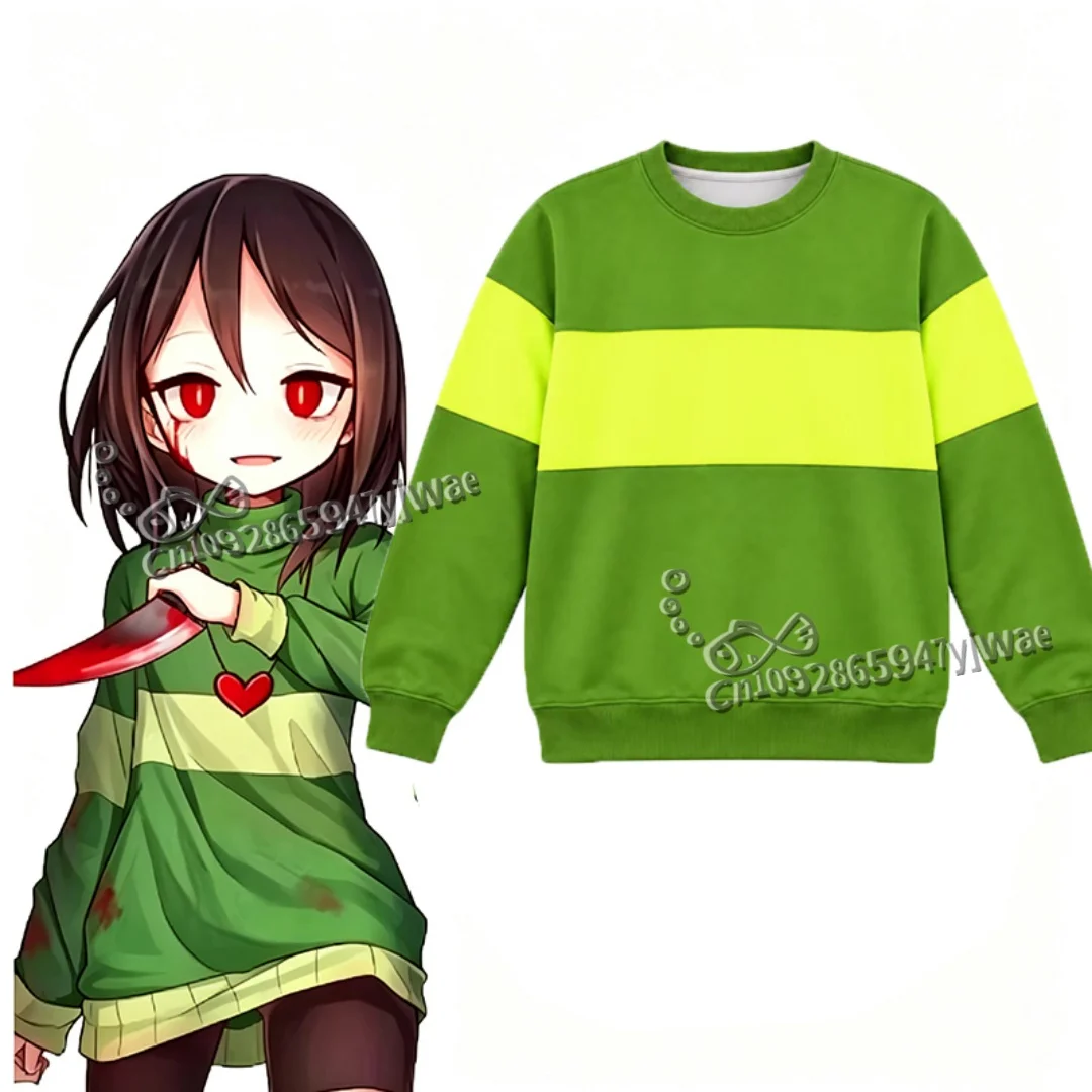 Deltarune Undertale Kris Cosplay Long Sleeve Fashion Round Collar Sweatshirt Men Women Clothing Green Yellow Striped Pullovers