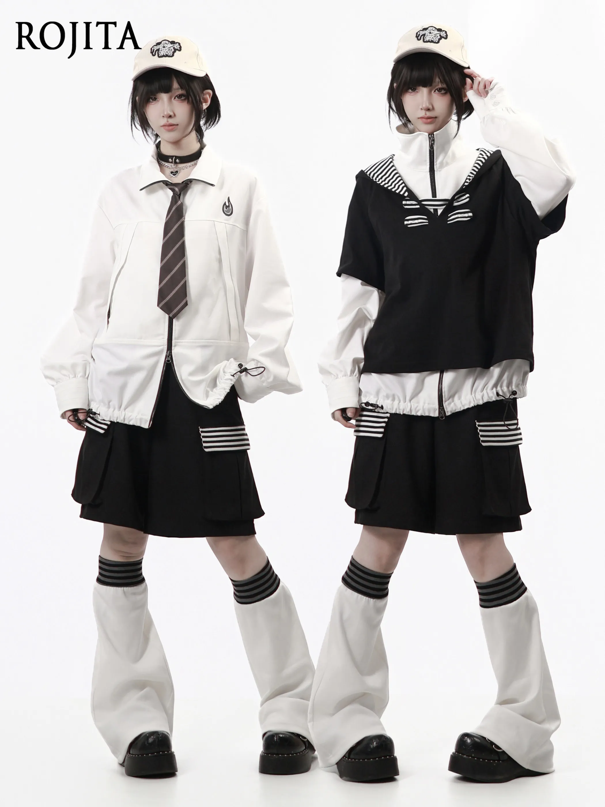 

Youthful Functional Style White Simple Silhouette Casual Zip-up Shirt with Hooded Pullover Sweatshirt and Leg Warmers