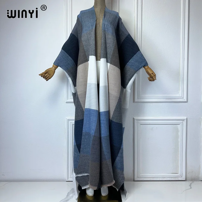 WINYI zimowe afrykańskie sukienki dla kobiet nadruk w kratę plisowany długi sweter puchowy kaftan jesienne frędzle kimono suknia wieczorowa abaya