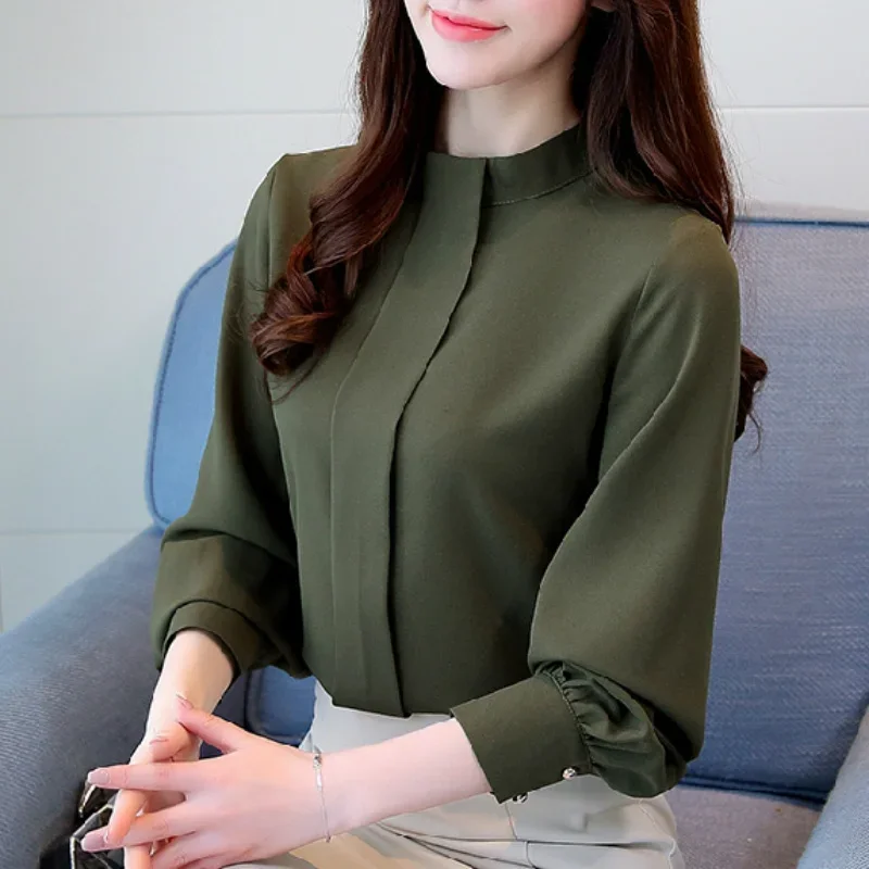 Fashion Long Sleeve Stand Collar Women Blouse Office Lady Chiffon Blouse Shirt  Womens Tops Blusas Mujer De Moda 2024  A397